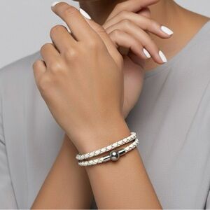 Linx Double White Leather Braided Cord Bracelet with a Magnetic Clasp